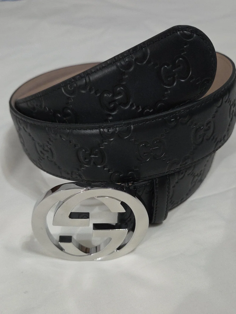 Gucci Black Leather Monogram Belt Silver Double GG Buckle 95cm